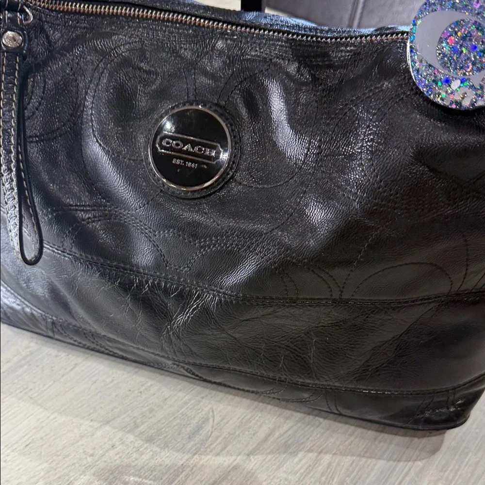 Coach Black Signature Stripe Stitched Leather Hobo Bag with Silver Accents